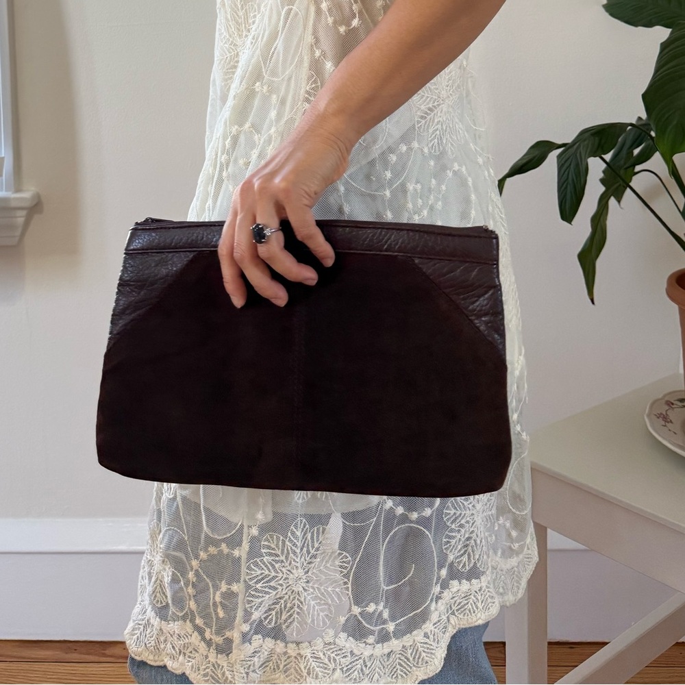 Vintage Contessa Genuine Leather Dark Brown Suede Clutch Purse Made In Hong Kong